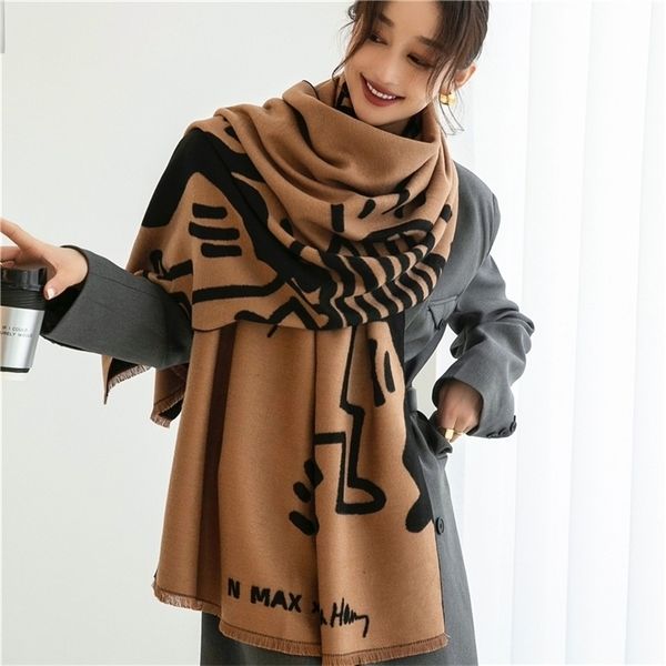 

scarves 2022 design cartoon printed cashmere scarf women winter pashmina shawls and wraps thick warm bufanda stoles blanket 220927, Blue;gray