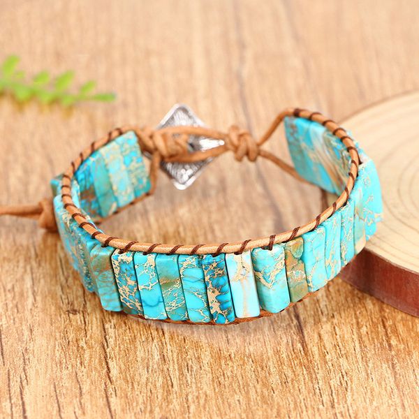 

Blue Gem Stone Beaded Strands Friendship Bracelets Adjustable Braided Natural Square Beads Leather Cords Fashion Jewelry Accessories Gifts for Men And Women