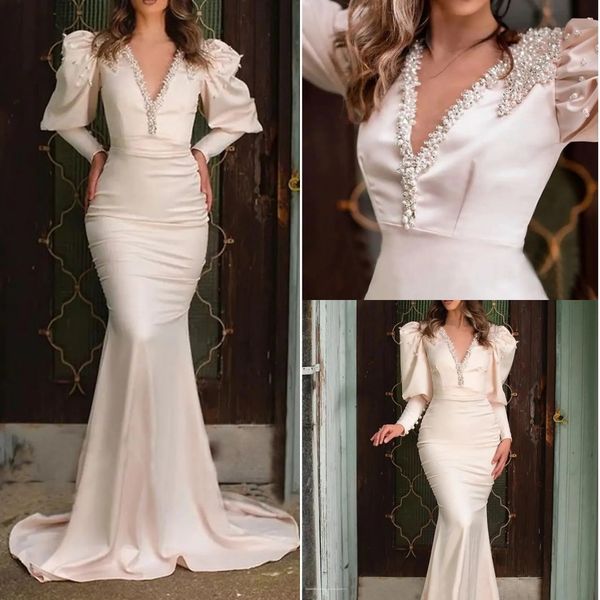 

luxurious mermaid evening prom dress 2022 long puffy sleeve pearls v neck satin women formal party gowns arabic dubai robes de soiree vestid, Black