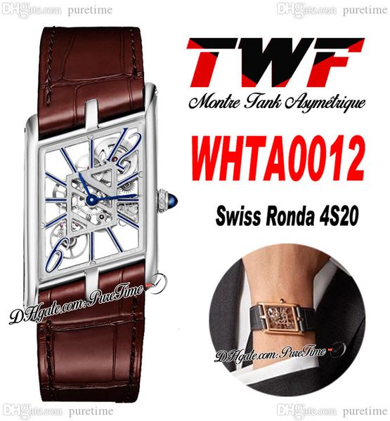 

twf whta0012 swiss ronda 4s20 quartz watch montre asymetrique mens ladies watches steel case skeleton dial brown leather womens super editio, Slivery;brown