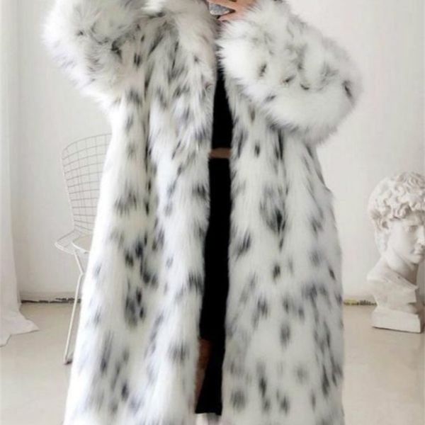 

womens fur faux women winter coat lady casual snow leopard print jacket female thick warm midlong plush outerwear 220926, Black