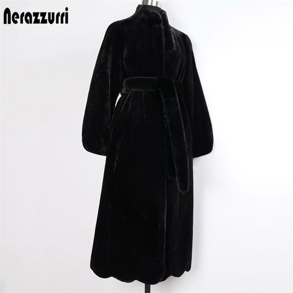 

womens fur faux fur nerazzurri long fluffy warm soft black faux fur coat women belt winter clothes a line sheared mink overcoat 5xl 6xl 7xl
