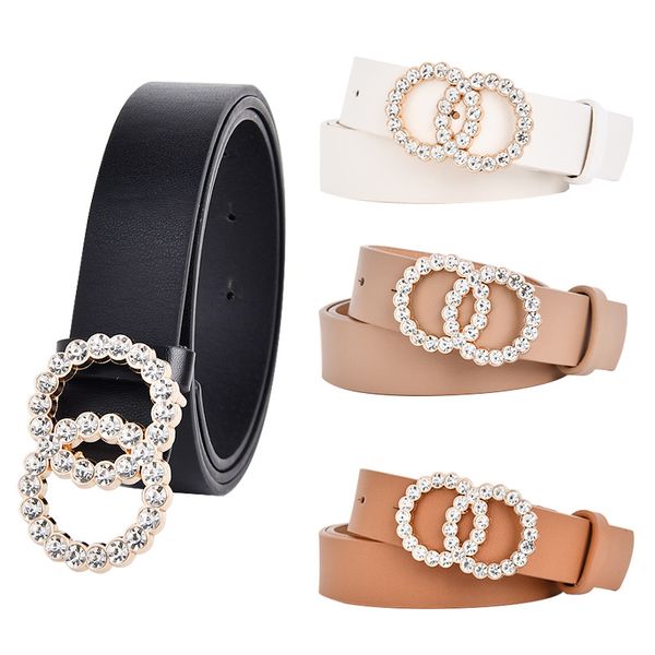 

trends pearl belts luxury design women letter fashion alloy leather smooth double golden rhinestones buckle jeans ladies belt a555, Black;brown