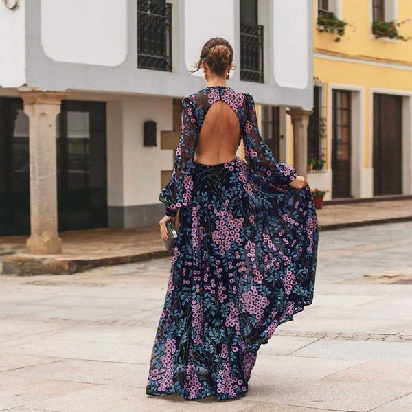 

casual dresses women summer dress long sleeve backless embroidery floral print dress hollow out mesh see through flowers long maxi dresses 2, Black;gray