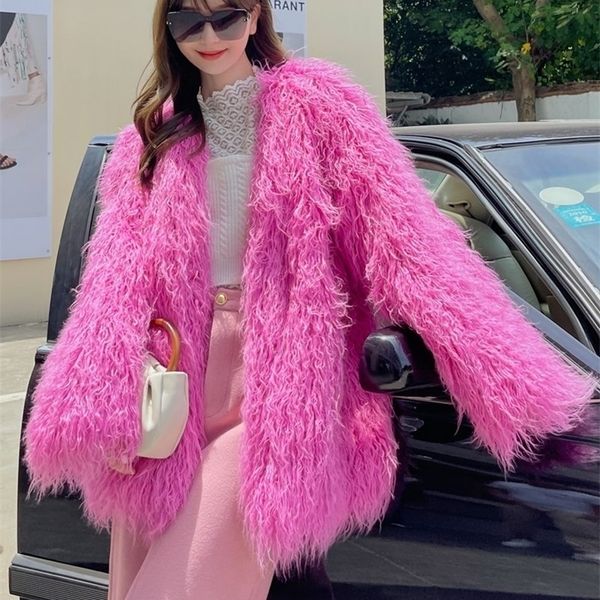 

womens fur faux young girls lamb coat autumn and winter women warm solid color jacket midlength plush overcoat 220927, Black