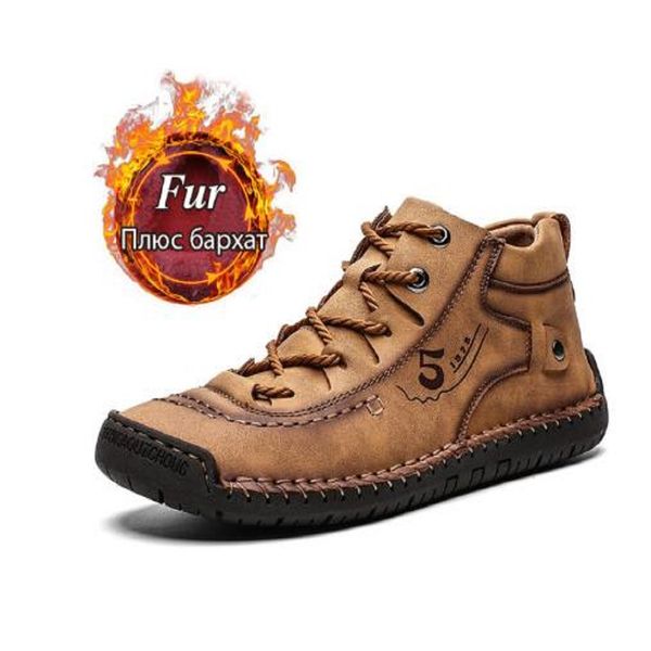 

fashion men leather boots men's warm fur snow shoe winter shoes split comfortable ankle man warm 48, Black