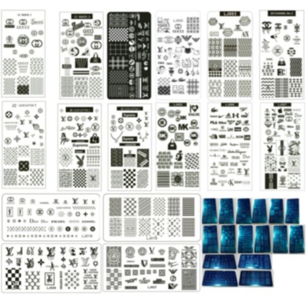 

16 mixed luxury logo brand designs nail art stamping plate stamp xl big full french design image stencil transfer polish print template with, White