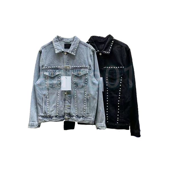 

womens fashion jeans jacket couples beads lapel neck denim coats mens long sleeve high streer outerwear asian size s-xl, Black;brown