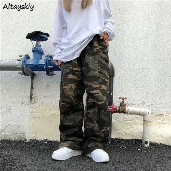 

women's pants capris camouflage casual pants women spring hip hop harajuku straight trousers couples loose cargo all-match basic bottom, Black;white