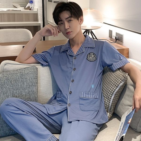 

men's sleepwear summer cotton short sleeve long pants pajama sets men korean loose sleepwear suit pyjamas male lounge homewear home clo, Black;brown