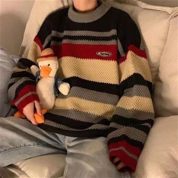 

men's sweaters japanese pullover round neck color matching coats striped wool loose lazy style retro cashmere knitting 220927, White;black