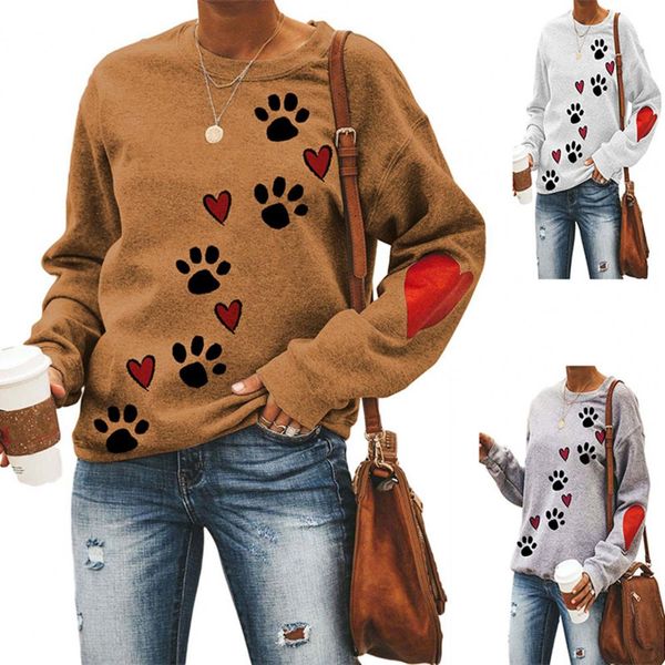 

love heart dog paw print sweatshirts women's knits long sleeve pullover casual blouse, White