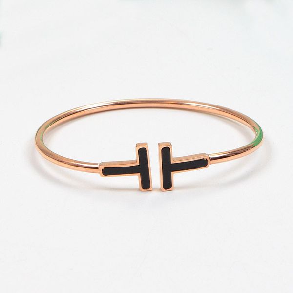 

christening bangle new luxury quality fashion women jewelry stainless steel open cuff double t bracelet gold silver rose, Black