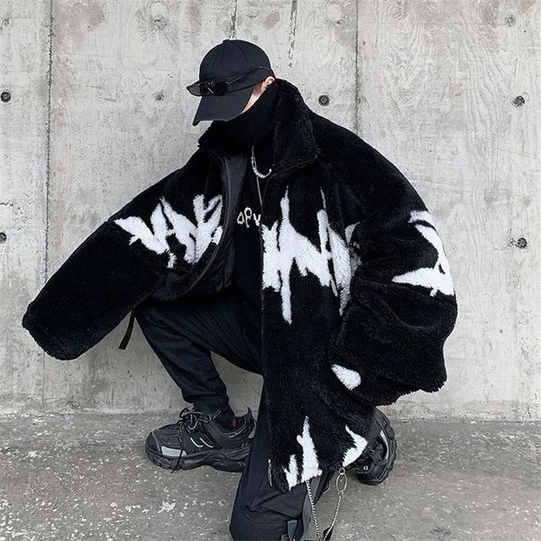 

mens down parkas hybskr winter lamb wool jacket harajuku fashion casual oversize pattern male thicken warm parkas hip hop loose coat 220927, Black