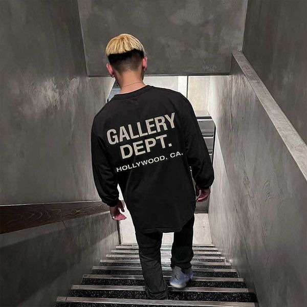 

designer galleryes fashion hoodies street wash old print loose round neck long sleeve t-shirt, Black