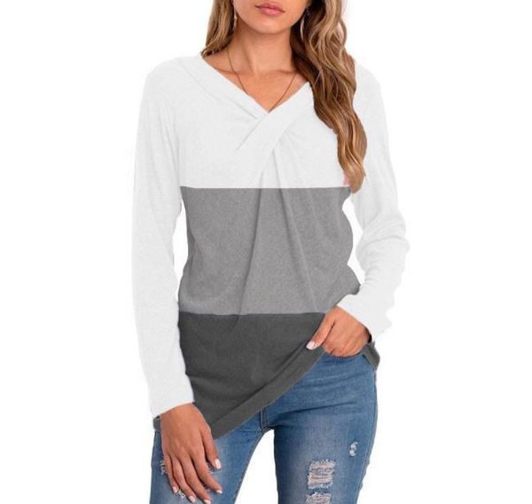 

women's t shirt fall/winter v-neck long sleeve splice pullover base, White