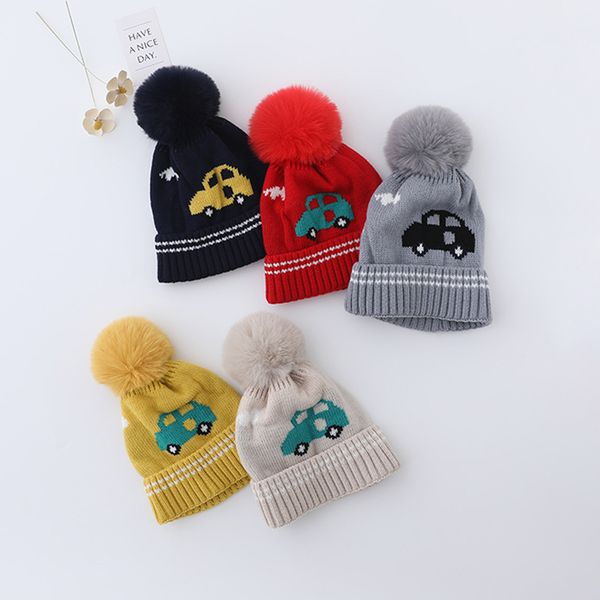 

m512 autumn winter baby kids knitted hat for boys boys cartoon car caps wool ball children skull beanies warm hats, Yellow