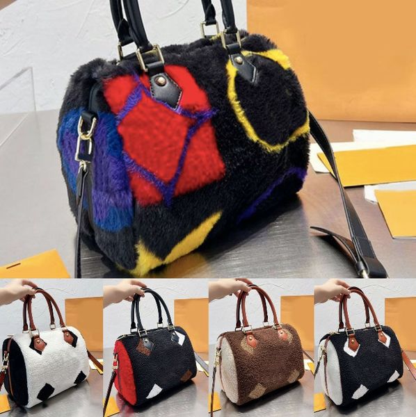 

winter pillow soft crossbody bag women handbag tote bags shoulder wool bucket bag fashion letters leather strap handle zipper purses totes