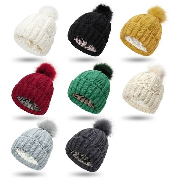 

beanieskull caps protacting hair cap winter wool satin doublelayered cap protective hairstyle silky elastic satin knitted hat loose warm hat, Blue;gray