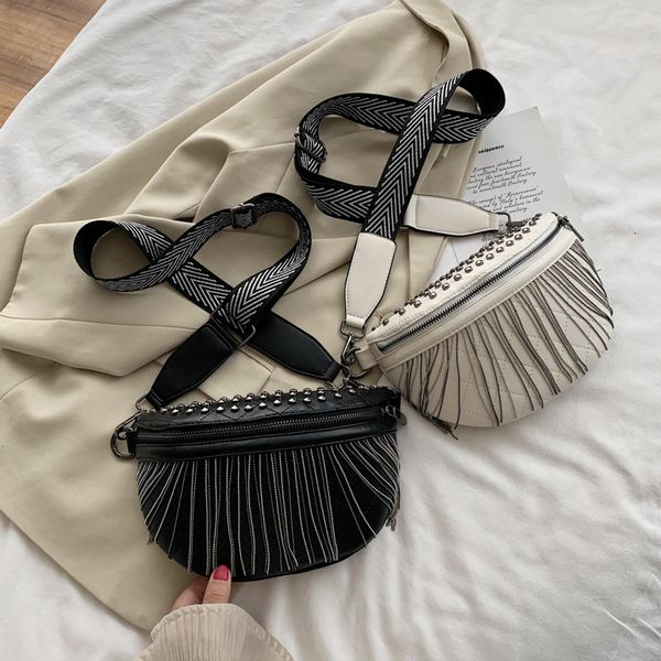 

rivet tassel decoration women's bag fashion punk western style broadband messenger waist bag texture shoulder bags