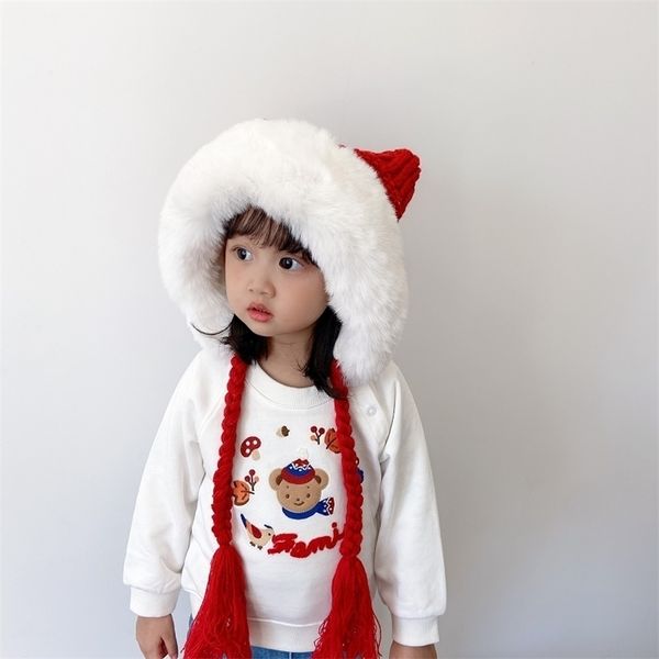 

caps hats baby winter hat cute christmas for girls warm fluffy bonnet fille christmas hats czapka dla dziewczynki with pigtails 220928, Yellow