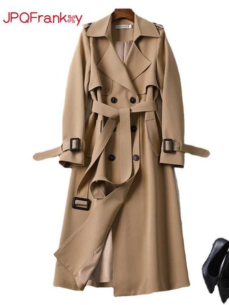 

trench coats jpqf windbreaker women's long section 2022 spring autumn korean version of popular british style coat over the knee s-xxxl, Tan;black