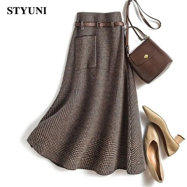 

skirts houndstooth plaid brown vintage knitted woolen women's skirt autumn high waist belt a-line mid-calf long for women 220926, Black
