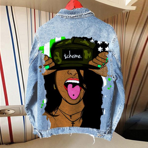 

autumn and winter new street fashion denim jacket women's personality playful girl wearing hat pattern printing long sleeves, Black;brown