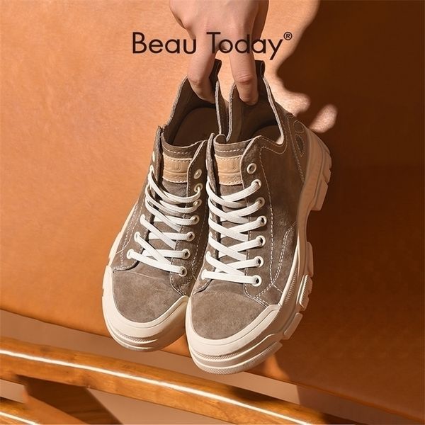 

dress shoes beautoday casual sneakers women suede leather round toe lace-high ladies retro fashion flat handmade 29575 220926, Black