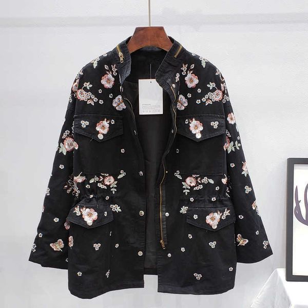 

trench coats 2022 autumn streetwear fashion embroidery flowers beading trench coat women mid long tooling drawstring black windbreaker femal, Tan;black