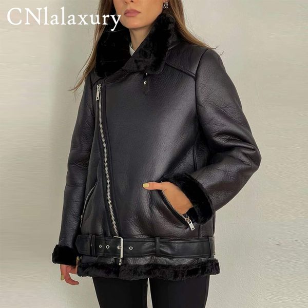 

women's leather faux cnlalaxury winter women sheepskin coat streewear thick warm lamb jacket with belt oversized motorcycle outwear 220, Black