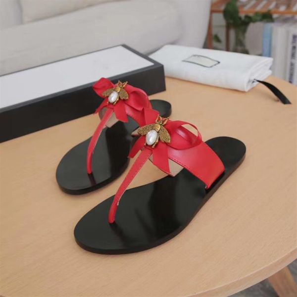 

luxury designer flip flops metal bee genuine leather slipper women summer slides sandals lovely bow tie flat slippers size eu36-eu2662, Black