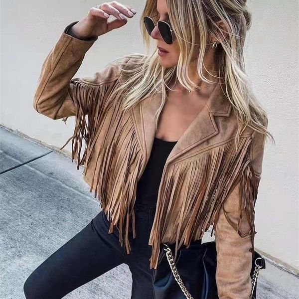 

women's leather faux women y2k fringed hem tassel cardigan crop e-girl motor biker jacket suede 90s vintage streetwear coat cool 22092, Black