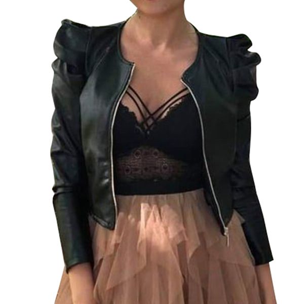 

women's leather faux jacket women zipper short s coat autumn puff sleeve black outwear elegant slim jaqueta feminina 220928