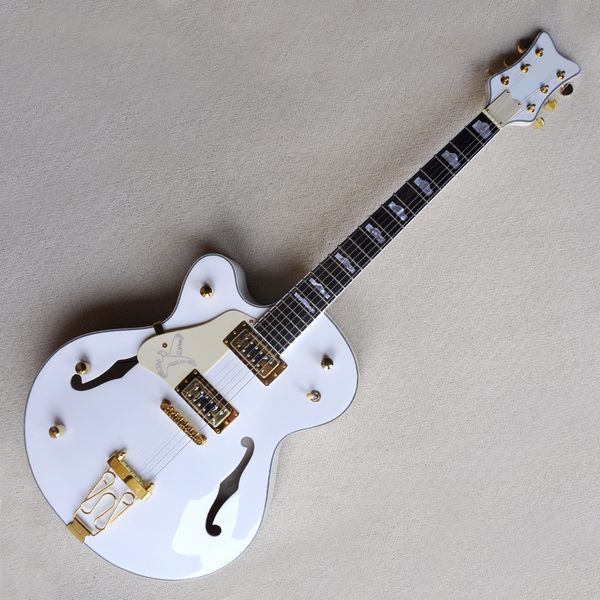 

factory custom semi-hollow white left handed electric guitar with gold hardwares cream pickguard rosewood fretboard can be customized