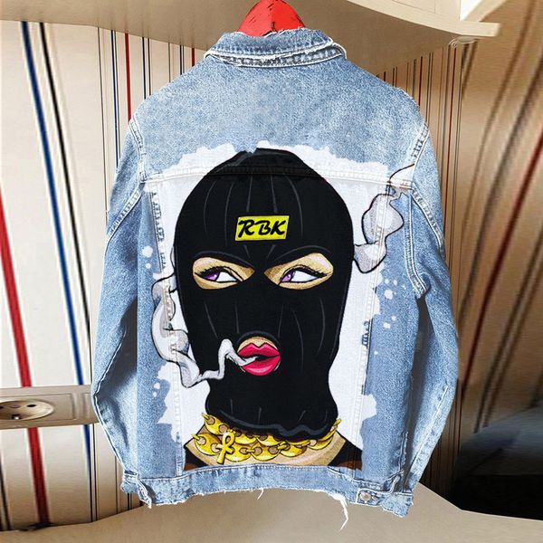 

women's fall new long sleeve lapel denim jacket rock punk print pattern girls jacket, Black;brown