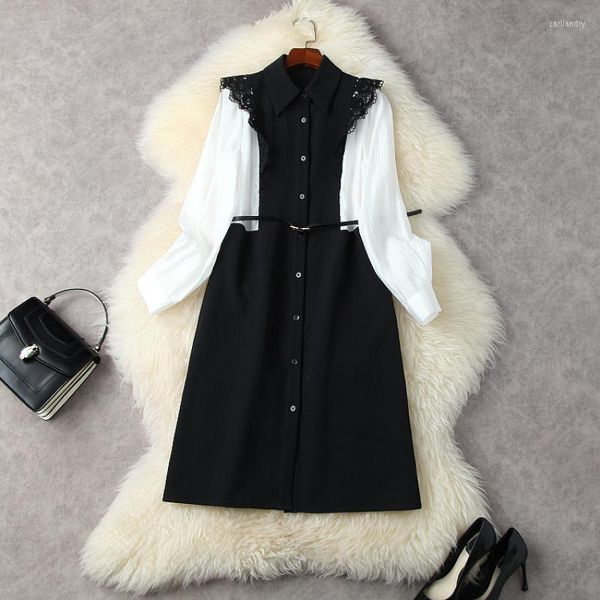 

casual 2022 long sleeve lapel stitching lace fashionable belted dress european and american women's wear spring for, Black;gray