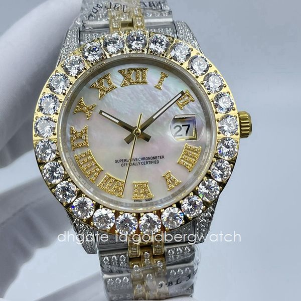 

fashion business mens watch ice out diamond watch sapphire glass roman numeral face 43mm automatic movement, Slivery;brown