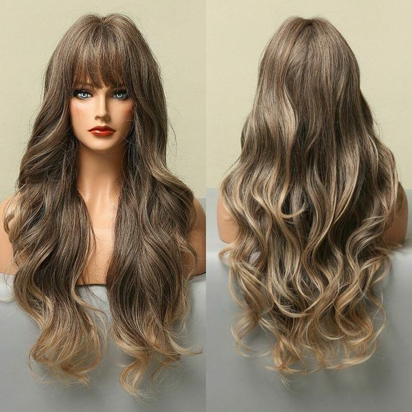 

highlight synthetic wig with full bangs long body wave wigs heat resistant fiber, Black
