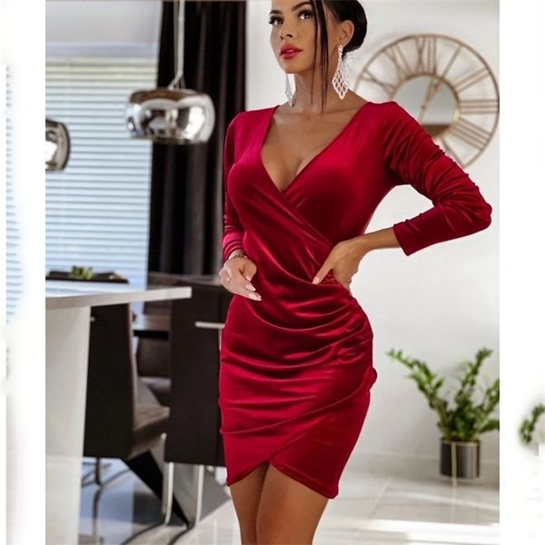 

casual dresses women mini slim velvet autumn long sleeve deep v-neck package hip black female 3xl folds pencil dress evening 220926, Black;gray