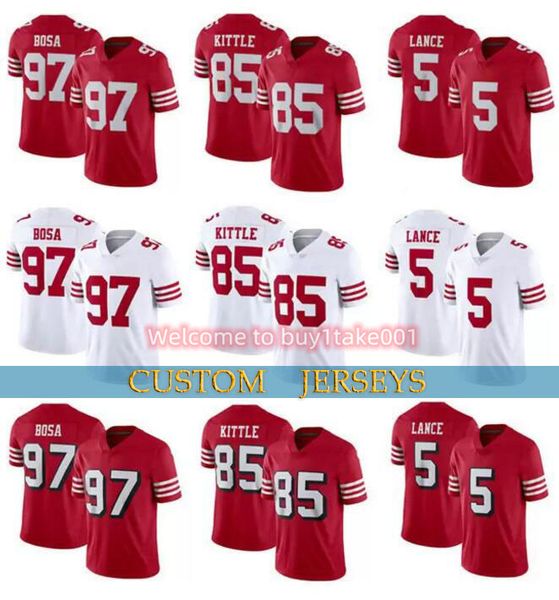 

costom football jerseys 49ers 39 5 trey lance 19 deebo samuel 85 george kittle 97 nick bosa 54 fred warner trent williams kyle juszczyk arik, Black;red