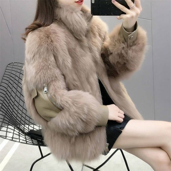 

womens fur faux ever winter warm coat women fashion zipper stand collar jacket woman thick plush overcoat 220927, Black