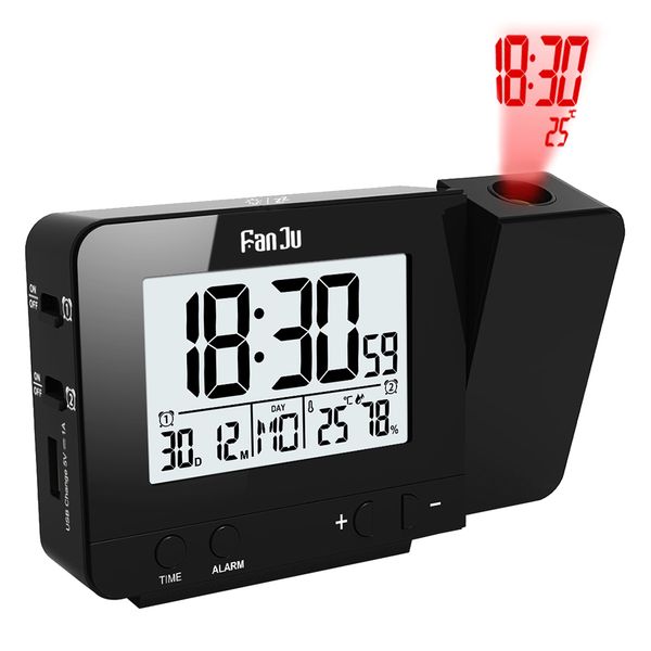 

projection alarm clock digital desk table with time humidity temperature usb charger output two alarm snooze function fj3531