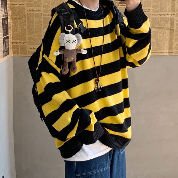 

men's sweaters autumn and winter men's casual korean fashion striped sweater loose round neck couple harajuku sweater oversized cl, White;black