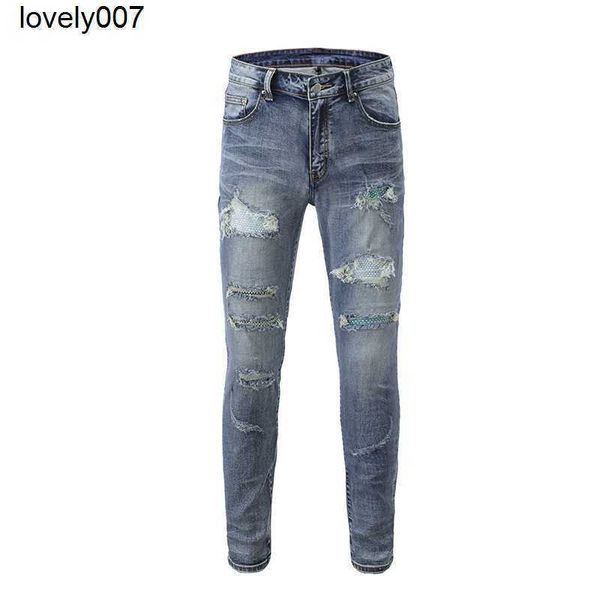 

dsigner jeans amirs blue hole jeans men's patch drill slim fit elastic denim pants