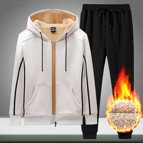 

warm thick men casual set jogging new mens velvet hooded tracksuit jacket pants 2pc sets mens sportswear zipper sports suit, Gray