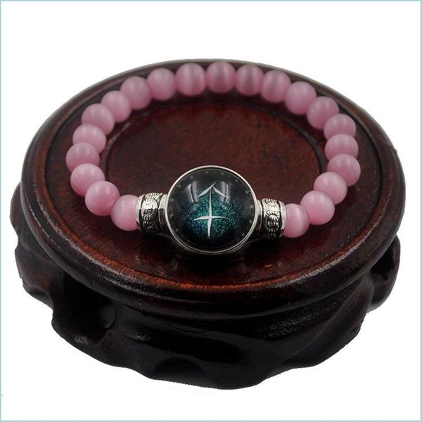 

beaded strands new 8mm pink cat eye opal beads bracelets for women men jewelry 12 constellations zodiac sign snap button charm pseir dhpxe, Black