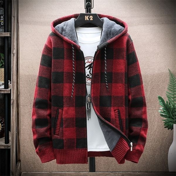 

men's sweaters autumn korean hooded men's sweater with thick and velvet men's cardigan knitted sweater coat grid jacket male, White;black