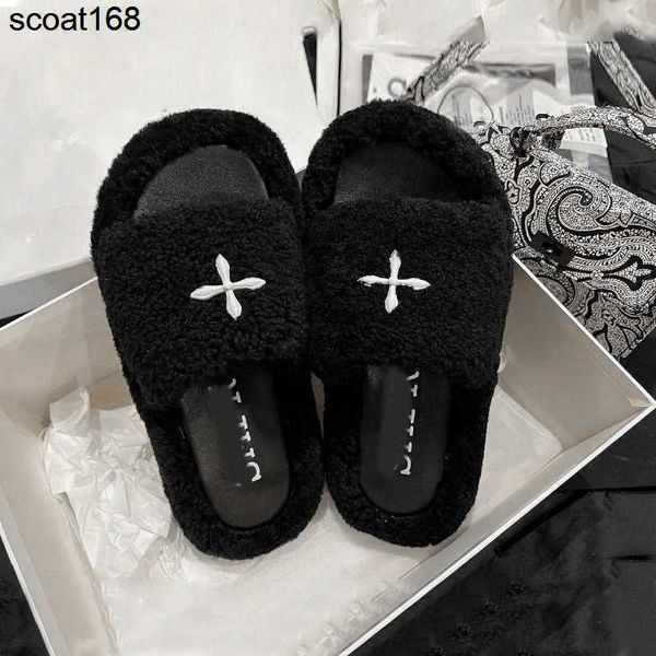 

slippers designer smfk wool sandals women winter couple warm indoor home cotton shoes wool slipper bag heel slide, Black