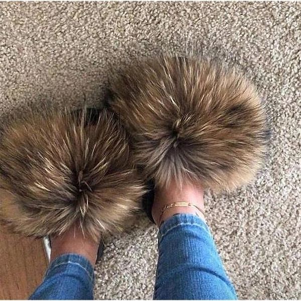 

slippers summer women fur real slides female indoor flip flops casual raccon sandals ry fluffy plush shoes 220928, Black